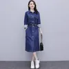 Casual Dresses Spring Autumn Women Turn-Down Collar Solid Belt Slim Single Button Jeans For Females Pockets Denim One-Piece