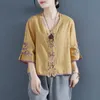 T-shirt femme rétro brodé noeud bouton coton chemise femme été chinois Zen thé robe ample court col en v haut 230110