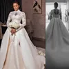 Luxuriöse Meerjungfrau-Brautkleider mit Tüll-Überrock, Spitze, Stehkragen, langen Ärmeln, Übergröße, Aso Ebi Bridal Brautkleider