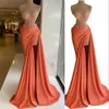 2023 Sexy Orange Prom Dresses Spaghetti Straps Lace Appliques Crystal Beads Sleeveless Mermaid High Side Split Sweep Train Plus Size Long Party Evening Gowns