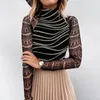 Women's Blouses & Shirts Women Sexy High Collar Shirt Top Lace Solid Color Elegant Knited Long Sleeve Warm T Fashion Black Short BlouseWomen