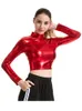 Women's TShirt CHSDCSI PU Short Top Women Shiny Leather High Street Turtleneck Dance Clubwear Long Sleeve s Gold Silver Costumes T shirt 230206