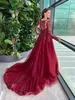 Luxe kralen Bourgondische avondjurken Lange mouwen Sheer Sweetheart Neck A Line Prom Party Jurken Women Elegant Formal Dress Court Train