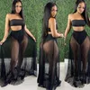 Work Dresses Strapless 2 Pieces Mesh Skirt Sets Women Sexy Tube Crop Top And Long Pleated Summer See Through Clothes Beach Wear