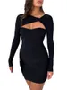 Casual jurken dames fashion trend bodycon jurk lange mouw holle vooraan aan de voorkant wending massieve kleur ruches