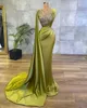 2023 Arabic Prom Dresses Lemon Green Satin Mermaid Sheer Mesh Top Sequin Beads Crystal Ruched Formal Occasion Wear Gold Hunter Sheer Neck Sweep Train Evening Gowns