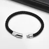 Link Bracelets Stylish Black Braided Leather For Men Casual Simple Stainless Steel Metal Clasp Wristband Gift To Him Jewelry