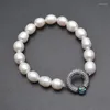 Strand Natural Fresh Water Pearl Potato Beads Paved CZ Metal Round Abalone Charm Fashion Woman Stretch Bracelets Gift Jewelry