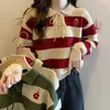 Women's Sweaters korean Bottoming Shirt red Top Striped patchwork casual Loose Doll Collar Knit Sweater women Pullover Allmatch 230109