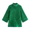 Blouses Femmes Chemises Femmes 2023Mode Paillettes Élégant Chemisier De Fête Rétro Trois Quarts Demi Col Haut Boutonné Femme Blusas St