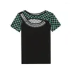 Women's T Shirts 2023 Summer Short Sleeved Women's T-Shirt Fashion O-Neck Black White Plaid Tops Hollow Out Drilling Female Tshirt