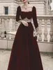 A-Line Evening Dresses Elegant Vintage Guest Formal Scoop Neck Long Sleeve Floor Length Velvet with Appliqued Prom Gowns