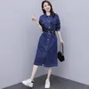 Casual Dresses Spring Autumn Women Turn-Down Collar Solid Belt Slim Single Button Jeans For Females Pockets Denim One-Piece