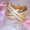 Wedding Rings Exquisite Gold Plated White Zircon Overlapping Ring Cocktail Party Women's Promise Anniversary Jewelry Gifts