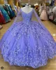 Leylak Lavanta Prenses Quinceanera Cape 2023 Boncuklu Kelebek 3D Çiçek Dantel Korse Vestidos Para XV ANOS 2023