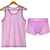 Undershirts Mens Sets 2 Piece Mesh See Through Tank Tops Pants Shorts Sexy Fishnet Underwear Tracksuit Nightwear Sports Suits