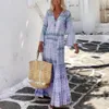 Kvinnors badkläder Fashion Street Kvinnor tryckt Maxi Long Loose Ladies Dress Bohemian Geometric Print V Neck Flare Hylsa för strandfall