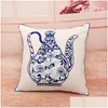 Cushion/Decorative Pillow Vintage Chinese Style Cushion Er Cotton Linen Blue And White Porcelain Case For Sofa Car Home Decorative P Dhftl