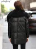 Damen Leder Echte Kuh Jacke Frauen 10% Weiße Ente Unten Mantel Winter Jacken Wolle Pelz Kragen Luxus Mäntel Faux