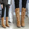 Femmes bottes hautes hiver longues manches chaudes extensibles bretelles croisées bottes hautes givrées avec talon bas.