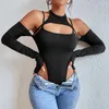 Women's Shapers Summer Shapewear Bodysuit Long Sleeve Tie Up Sexy Halter Patchwork Bodycon Club Party Body Women Outfit High Waist Top