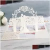 Grußkarten 50 Teile/los 3D Braut und Bräutigam Weiße Hochzeitseinladungskarte Lasergeschnittene Tasche Blumenverlobung Kundenspezifische Einladung Dhjyx