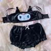 Damen-Nachtwäsche, japanischer Anime, 2-teilig, Samt-Pyjama-Set, niedlicher Cartoon, böse Ohren, Röhrenoberteil, Pumphose, Shorts, Kawaii-Dessous