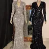 Robes décontractées Partysix femmes gris col en V à manches longues paillettes élégante soirée maxi dames traînant 221018