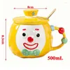 Mugs 500ml Cute Hand Drawn Circus Clown Ceramics Coffee Mug With Lid And Spoon Creative Large Capacity Cartoon Tea Milk Breakfast Cup