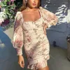 Casual Dresses Foridol Square Collar Floral Print Puff Sleeves Bodycon Dress Vintage Slim Draped Mini Vestidos Party Woman kläder