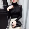 T-shirt femme coréen Sexy mode femmes haut en maille col haut noir fond t-shirt décontracté soie brillante dame Blusa 230110