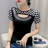 Women's T Shirts 2023 Summer Short Sleeved Women's T-Shirt Fashion O-Neck Black White Plaid Tops Hollow Out Drilling Female Tshirt