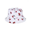 BERETS 2023 Summer Bucket Hat Double-Side Outdoor Fishing Cap Women Män Solskyddsmedel Hattar Unisex Cartoon Cherry Print Panama Caps Bob