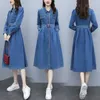 Casual Dresses Spring Autumn Women Dress Solid Sashes Slim Single Button Turn-Down Collar For Females Pocket Denim One-Piece