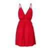 Casual Dresses Women Deep V Neck Spaghetti Straps Empire Beach Dress Summer Backless Solid Pleated Belt Mini Ladies A-Line Sexy