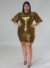 Plus Size Dresses Shiny Sequin Women O Neck Puff Sleeve Slim Fit Mini Dress Gwons Sparkly Party Birthday Nighclub Outfits 4XL