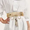 Bälten 2023 Golden Fashion Hand-vävt långt läderbälte med tofsar för kvinnor