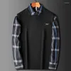 Men's Casual Shirts False Two Sweaters Men Fall 2023 Leisure Trend Of England Jacquard Plaid Shirt Collar Sweater