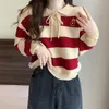 Women's Sweaters korean Bottoming Shirt red Top Striped patchwork casual Loose Doll Collar Knit Sweater women Pullover Allmatch 230109