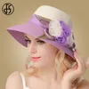 Wide Brim Hats Summer Sun Women Ladies Flower Elegant Foldable Straw Hat Round Top Panama Floppy Beach Pink