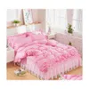Bedding Sets Set Princess Bow Ruffle Duvet Er Wedding Pink Girl Baby Bed Skirt Quilt Twin Bedclothes Drop Delivery Home Garden Texti Dhwrz