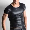 Men's TShirts LICLICP Faux Leather Men Sexy Cosplay Uniform Night Tight Tops Shirt With PU Zipper Open Crotch Short Pants Set 230110