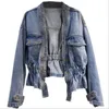 Kurtki damskie wiosna i jesień w koreańskiej wersji mody szczupła talia V-dec-dheck Dwa-Button Design Lose Short Denim Jacket WAM