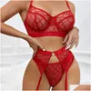 Autre Home Textile 3Piece Plaid Lace Bra Set Womenwork Mesh Lingerie Ladies Black Sexy Underwear With Underwire Drop Delivery Garden Dhjqc