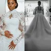 Mermaid Dresses With Tulle Overskirt Lace High Neck Long Sleeves Plus Size Aso Ebi Bridal Wedding Gowns 0516