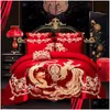 Bettwäsche-Sets Luxus-Set Drachen-Phoenix-Stickerei Roter chinesischer Stil Hochzeit 100 Baumwolle 4/6 Stück Prinzessin Bettwäsche Bettdecke Er Bettlaken Dhqnd