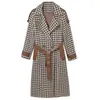 Women's Wool Woolen Jacket Women's Mid-Length Autumn Winter Clothing 2023 Coat Houndstooth Body Outwear Female Belt Overcoat Top