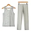 Undershirts Mens Sets 2 Piece Mesh See Through Tank Tops Pants Shorts Sexy Fishnet Underwear Tracksuit Nightwear Sports Suits