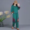 Dwuczęściowe spodnie dla kobiet Zestaw literatury kobiecy styl etniczny bawełniany garnitur Kobiet 2023 Wiosna jesna bluzka z długim rękawem Bloomers Lady