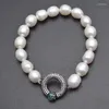 Strand Natural Fresh Water Pearl Potato Beads Paved CZ Metal Round Abalone Charm Fashion Woman Stretch Bracelets Gift Jewelry